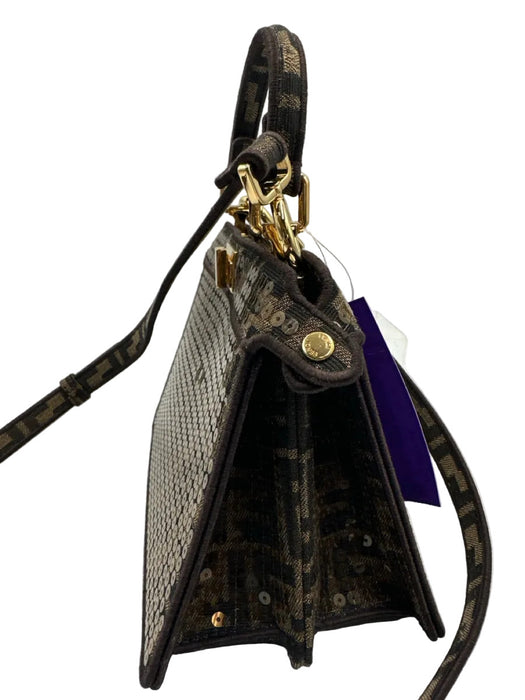 Fendi Brown Canvas Sequin Zucca Monogram Top Handle Crossbody Bag