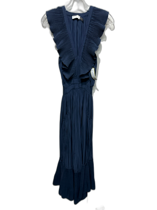 Ramy Brook Size S Navy Blue Polyester Accordion Pleats Ruffle Cap Sleeve Dress Navy Blue / S