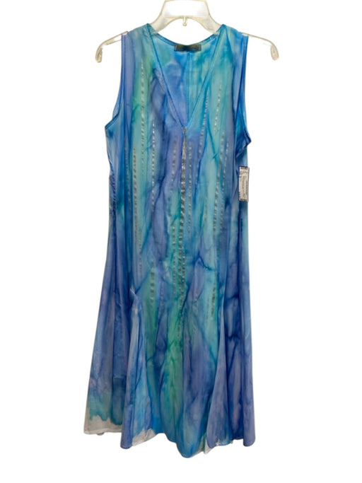Mela Rosa Size S Blue Ramie Blend Sleeveless V Neck Printed Midi Dress Blue / S