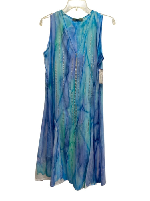 Mela Rosa Size S Blue Ramie Blend Sleeveless V Neck Printed Midi Dress Blue / S
