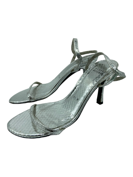 Stuart Weitzman Shoe Size 7.5 Silver Snake Embossed Open Toe & Heel Pumps Silver / 7.5