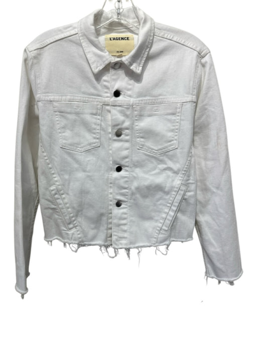 L'agence Size M White Cotton Blend Denim Collared Button Front Raw Hem Jacket White / M