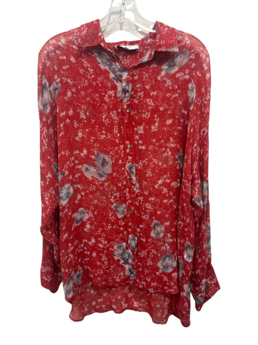 IRO Size 38 Red & Gray Viscose Long Sleeve Abstract Print Sheer Blouse Top Red & Gray / 38