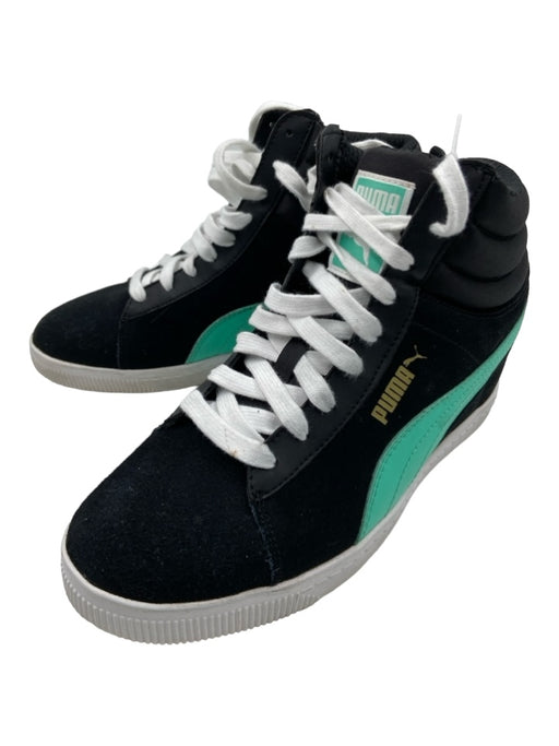 Puma Shoe Size 8 Black White & Blue Suede High Top lace up Wedge Sneakers Black White & Blue / 8
