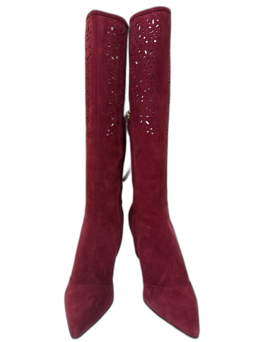 Louis Vuitton Shoe Size 38 Burgundy Red Suede Floral Eyelet Knee High Booties Burgundy Red / 38