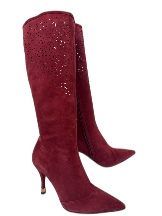 Louis Vuitton Shoe Size 38 Burgundy Red Suede Floral Eyelet Knee High Booties Burgundy Red / 38