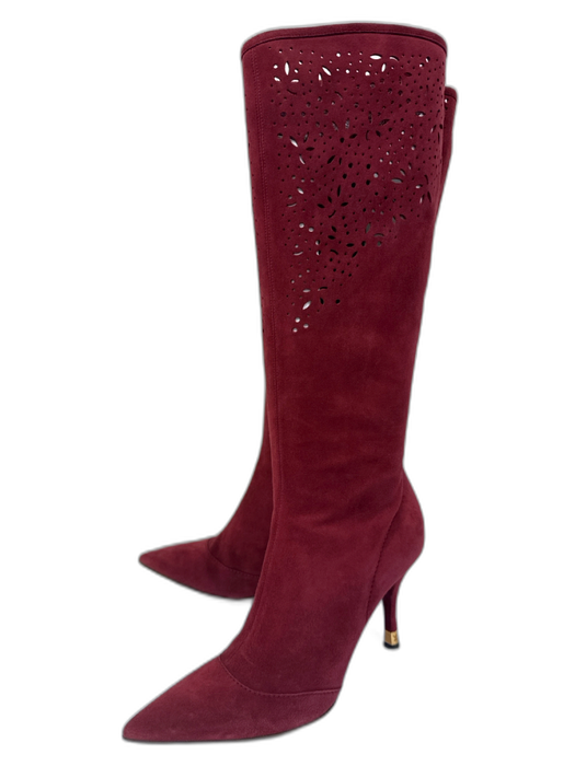 Louis Vuitton Shoe Size 38 Burgundy Red Suede Floral Eyelet Knee High Booties Burgundy Red / 38