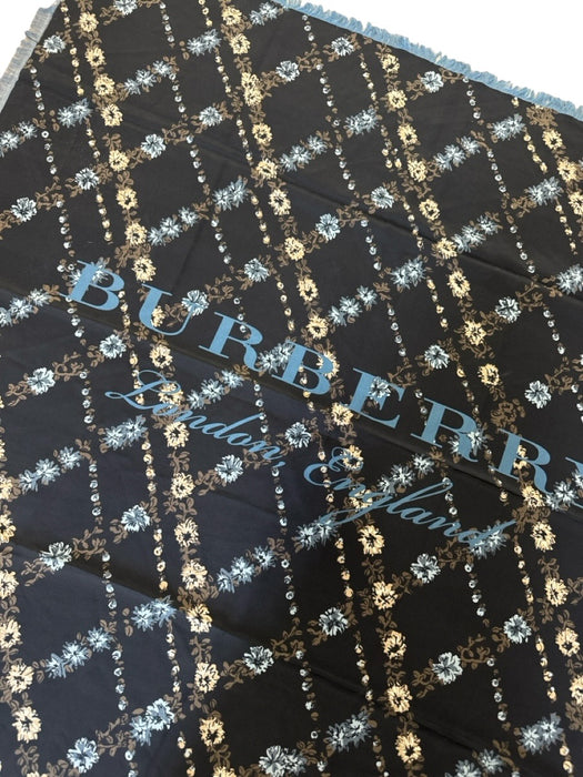 Burberry Black, Cream & Blue Silk Floral Lattice Fringe Hem Logo scarf Black, Cream & Blue
