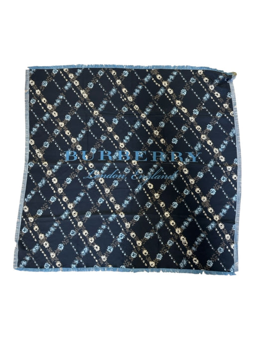 Burberry Black, Cream & Blue Silk Floral Lattice Fringe Hem Logo scarf Black, Cream & Blue