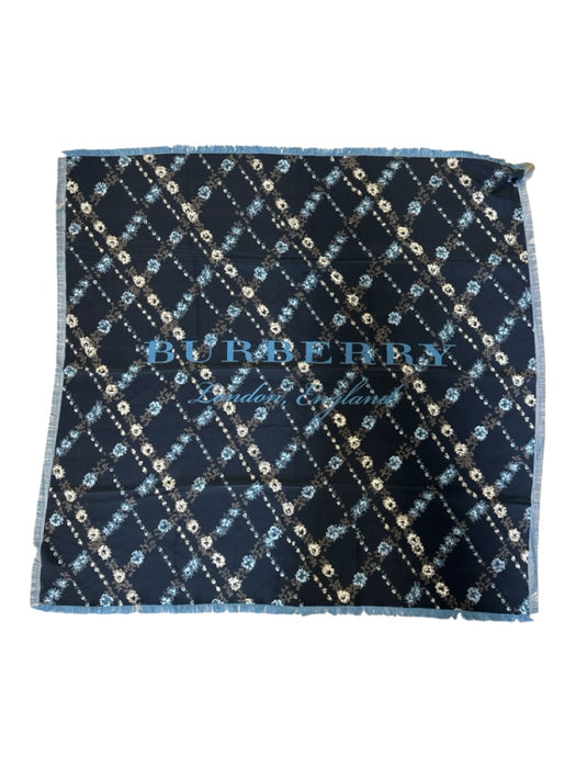 Burberry Black, Cream & Blue Silk Floral Lattice Fringe Hem Logo scarf Black, Cream & Blue