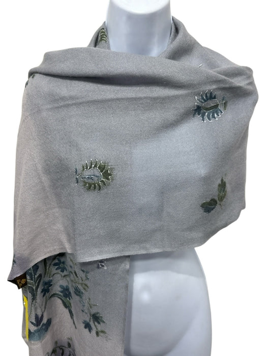 Loro Piana Dusty Blue, Purple & Green Cashmere & Silk Floral Fringe Hem scarf Dusty Blue, Purple & Green