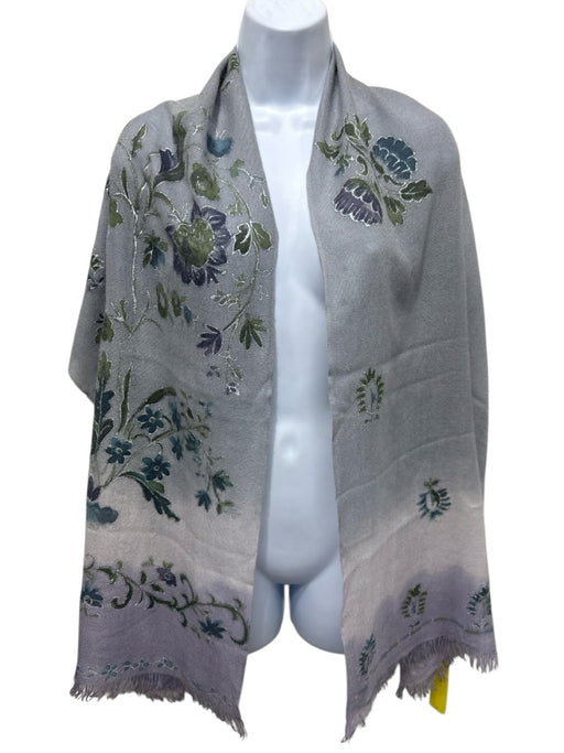 Loro Piana Dusty Blue, Purple & Green Cashmere & Silk Floral Fringe Hem scarf Dusty Blue, Purple & Green
