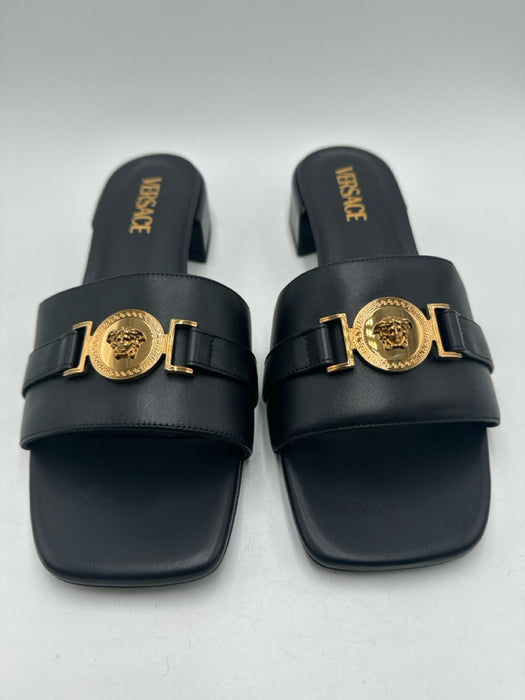 Versace Shoe Size 41 Black & Gold Leather Medusa Open Toe Flat Mules Sandals