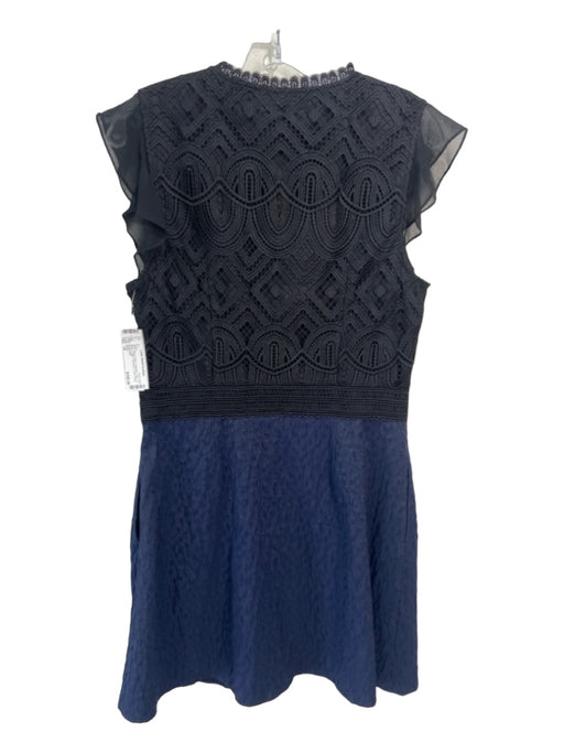 Reiss Size 14 Black & Navy Polyester Lace 1/2 Button Flutter Cap Sleeve Dress Black & Navy / 14