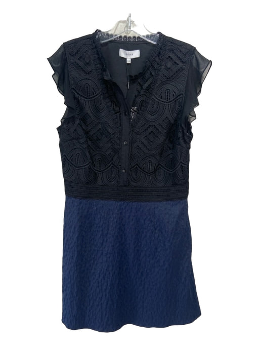 Reiss Size 14 Black & Navy Polyester Lace 1/2 Button Flutter Cap Sleeve Dress Black & Navy / 14