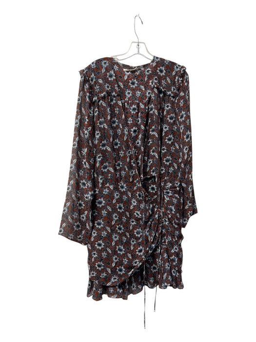 Veronica Beard Size 14 Brown, Blue, White Silk Wrap Front Long Sleeve Dress Brown, Blue, White / 14