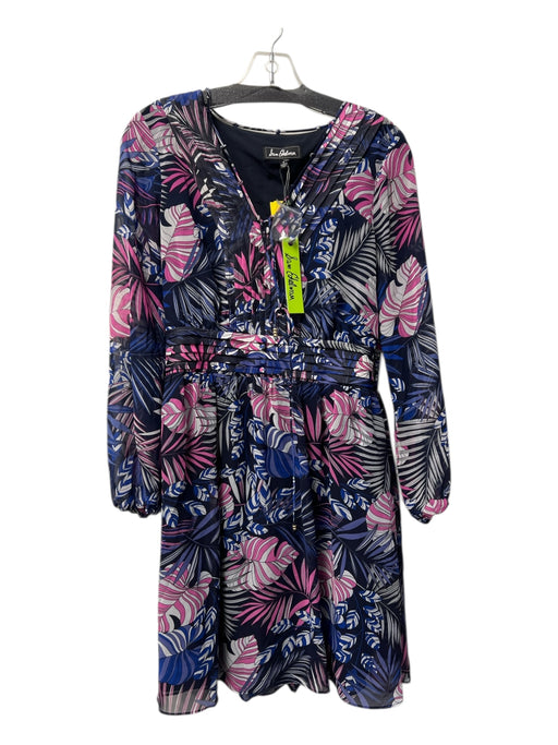 Sam Edelman Size 6 Purple & Blue Polyester Long Sleeve Below Knee V Neck Dress Purple & Blue / 6