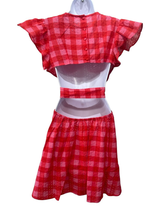 Maia Bergman Size M Pink & Red Cotton Plaid Back Cut Out Ruffle sleeve Dress Pink & Red / M