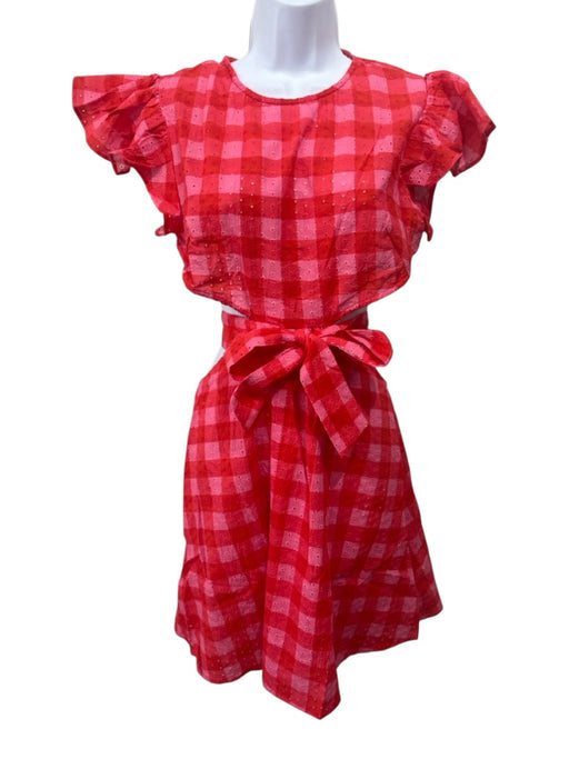 Maia Bergman Size M Pink & Red Cotton Plaid Back Cut Out Ruffle sleeve Dress Pink & Red / M
