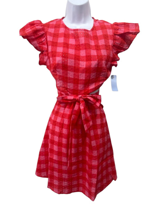 Maia Bergman Size XS Pink & Red Cotton Plaid Back Cut Out Ruffle sleeve Dress Pink & Red / XS