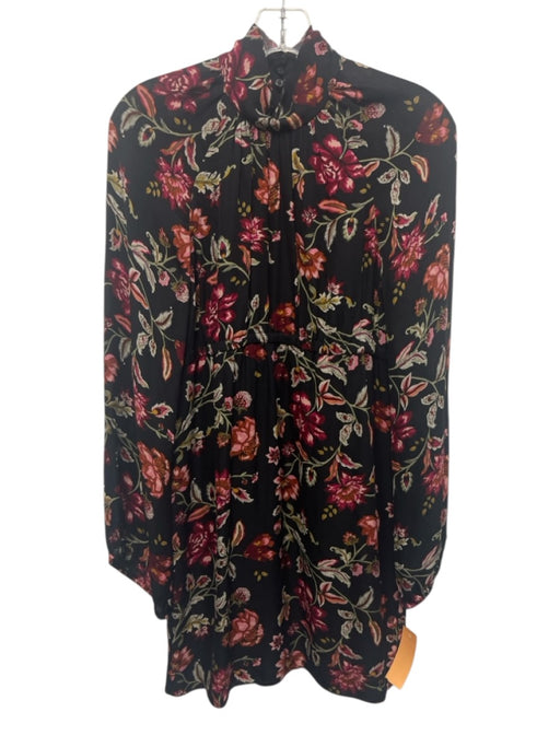 A.L.C. Size 2 Black, Green, Pink Silk Gathered Floral Mock Neck Above Knee Dress Black, Green, Pink / 2