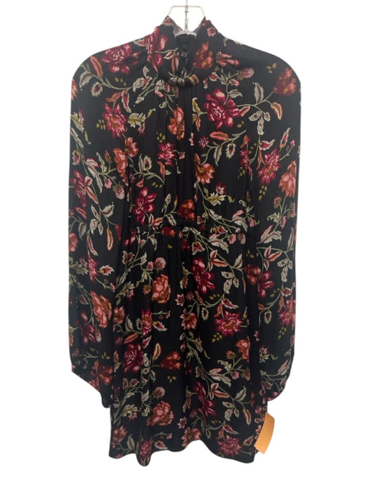A.L.C. Size 2 Black, Green, Pink Silk Gathered Floral Mock Neck Above Knee Dress Black, Green, Pink / 2