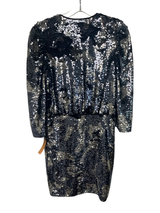 Tanya Taylor Size 4 Silver & Black Polyester Sequin Long Sleeve Surplice Dress Silver & Black / 4