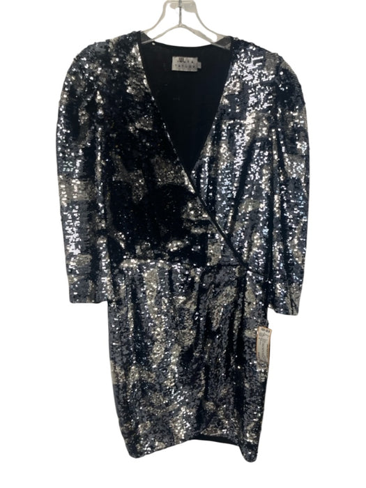 Tanya Taylor Size 4 Silver & Black Polyester Sequin Long Sleeve Surplice Dress Silver & Black / 4
