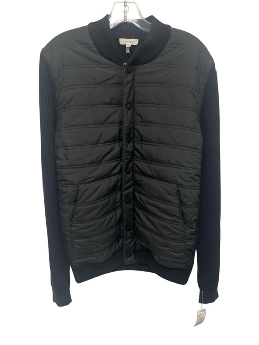 Reiss Size M Black Cotton Blend Ribbed Knit Zip & Button Quilted Jacket Black / M