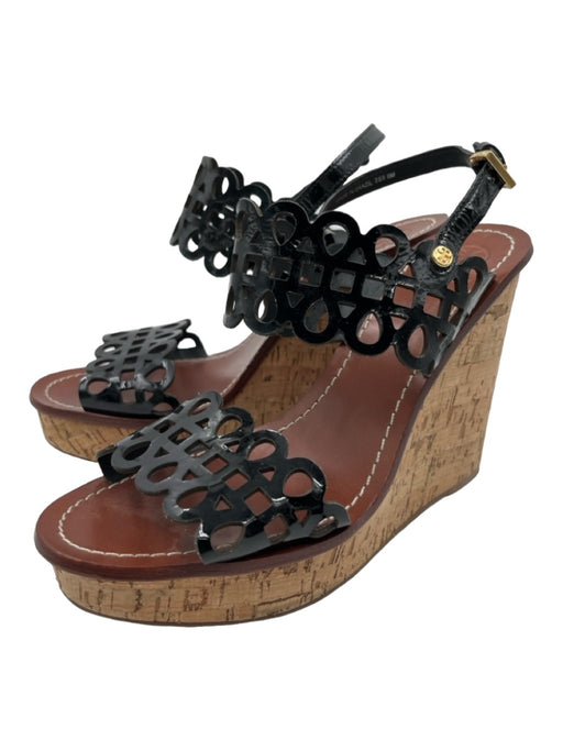 Tory Burch Shoe Size 8 Black & Brown Patent Leather Cork Heel Laser Cut Wedges Black & Brown / 8