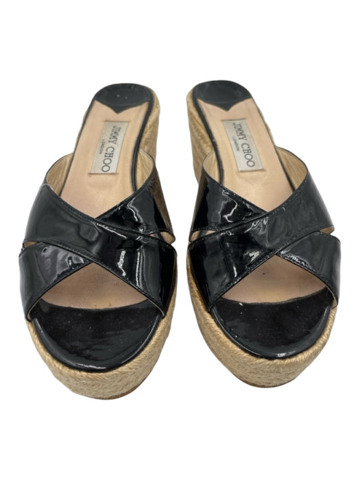 Jimmy Choo Shoe Size 39 Black & Beige Patent Leather Raffia Strappy Wedge Heels Black & Beige / 39
