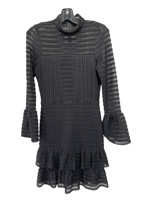 Parker Size 6 Black Polyester Blend Lace Mock Neck Long Sleeve Ruffle Hem Dress Black / 6