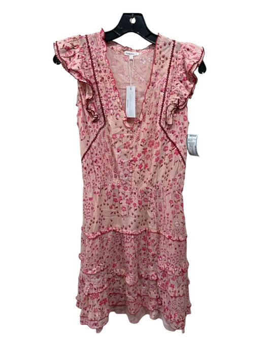 Poupette St. Barth Size S Pink & Red Viscose Tiered Flowers Button Detail Dress Pink & Red / S