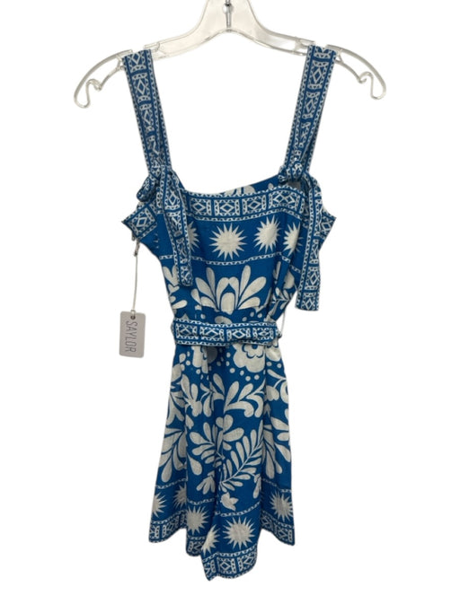 Saylor Size S Blue & White Viscose & Linen Wide Strap Block Print Belted Romper Blue & White / S