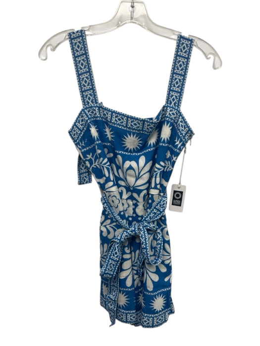 Saylor Size S Blue & White Viscose & Linen Wide Strap Block Print Belted Romper Blue & White / S