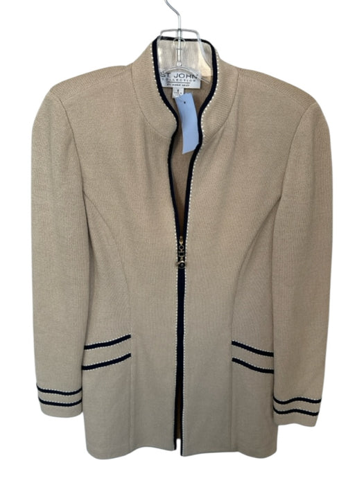 St. John Collection Size 6 Tan & Navy Wool Blend Piping Full ZIp Jacket Tan & Navy / 6