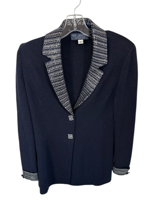 St. John Evening Size 4 Navy & Silver Wool Blend Rhinestone Applique Jacket Navy & Silver / 4