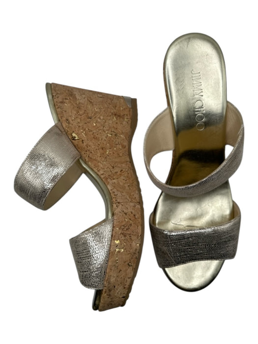 Jimmy Choo Shoe Size 40 Gold & Tan Leather Cork Metallic Platform Wedges Gold & Tan / 40
