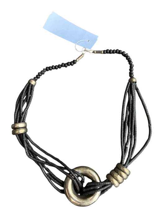 No Brand Black Wood Beads Silver Tone Metal Hoops Clasp Close Statement Necklace Black