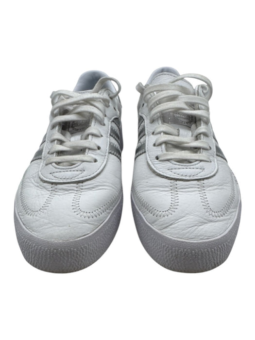 Adidas Shoe Size 6.5 White & Silver Leather Round Toe Stitch Detail Sneakers White & Silver / 6.5
