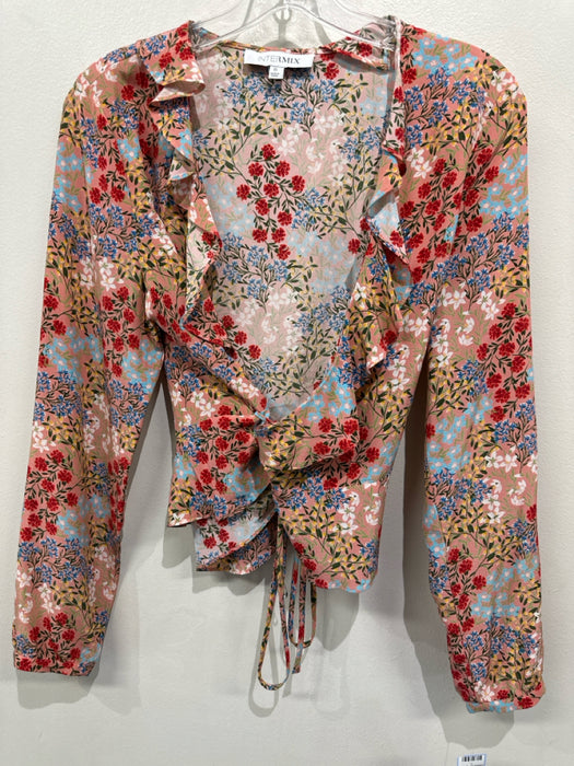 Intermix Size 6 Pink & Multi Silk Floral Wrap Front Long Sleeve Ruffle Top
