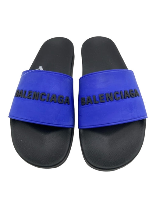 Balenciaga Shoe Size 41 Black & Blue Rubber Open Toe & Heel Slide Logo Sandals Black & Blue / 41