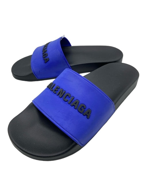 Balenciaga Shoe Size 41 Black & Blue Rubber Open Toe & Heel Slide Logo Sandals Black & Blue / 41