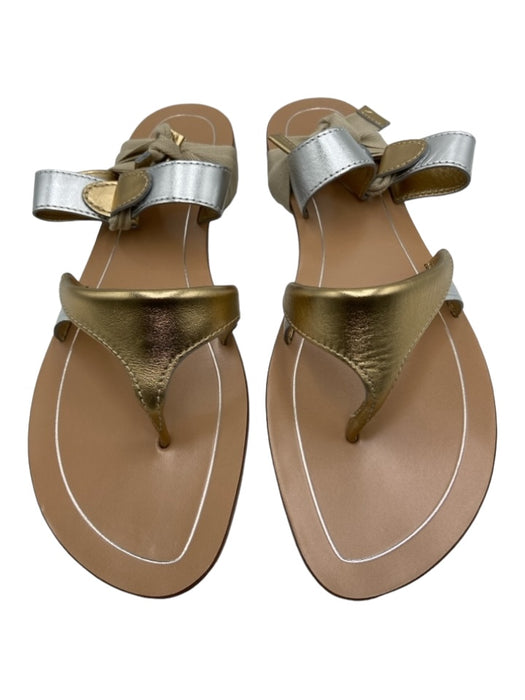 Sarah Flint Shoe Size 42 Beige Silver Gold Leather Flip Flop Wrap Ankle Sandals Beige Silver Gold / 42