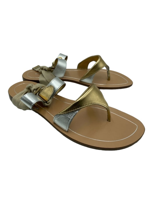 Sarah Flint Shoe Size 42 Beige Silver Gold Leather Flip Flop Wrap Ankle Sandals Beige Silver Gold / 42