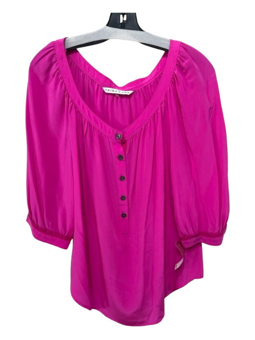 Trina Turk Size L Fuschia Pink Silk Wide Neck 1/2 Button 3/4 Sleeve Top Fuschia Pink / L