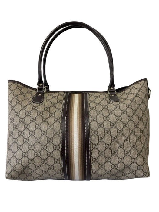 Gucci Beige & Brown Leather Monogram Canvas Stripe Detail Tote Bag