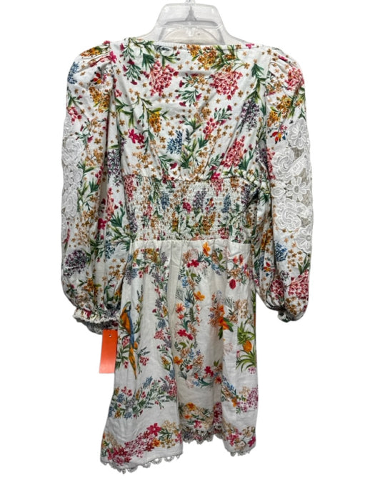 Farm Rio Size S White & Multi Linen Blend Square Neck Lace Detail Zip Side Dress White & Multi / S
