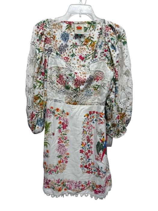 Farm Rio Size S White & Multi Linen Blend Square Neck Lace Detail Zip Side Dress White & Multi / S