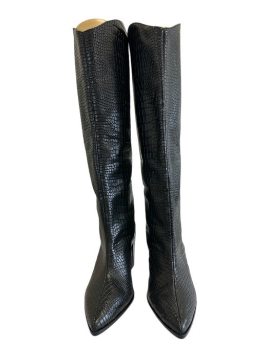 Schutz Shoe Size 7 Black Leather Croc Embossed Stacked Block Heel Boots Black / 7